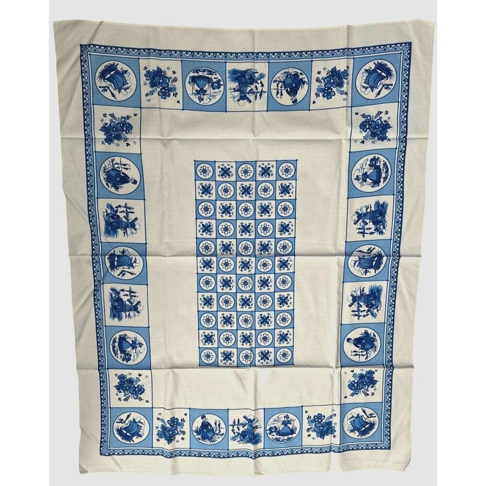 Vintage Dutch Delft Blue Linen Tablecloth Windmill Pastoral Farmhouse 42x53 NWOT
